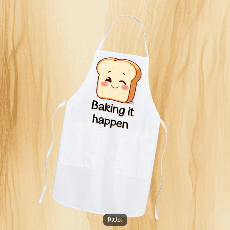 Funny smiling piece of bread winking on an apron, perfect for cute cooking and a humorous kitchen gift.