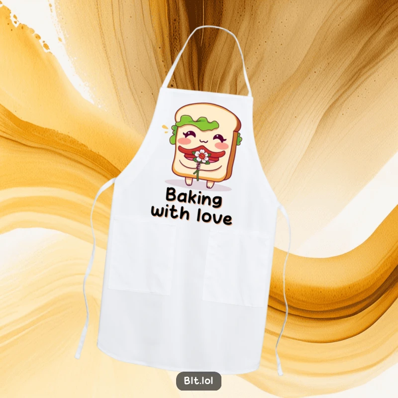 Funny Apron depicting a bashful BLT sandwich character blushing while holding a small floral bouquet, ideal for kitchen use.