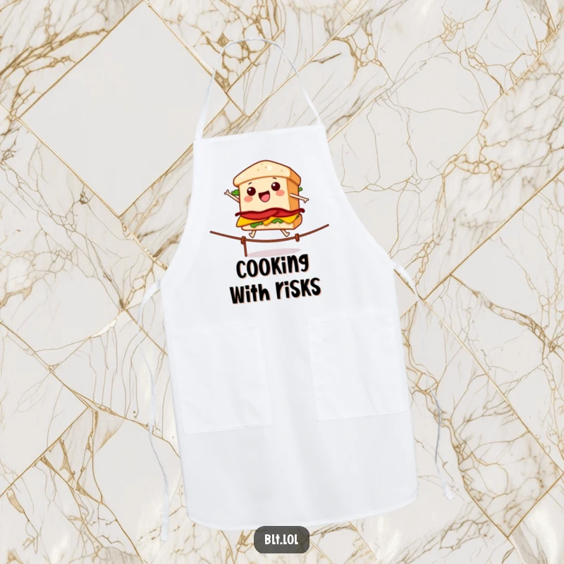 Funny apron depicting a BLT sandwich performing a tightrope act, for the cook who likes a little excitement. Great gift.