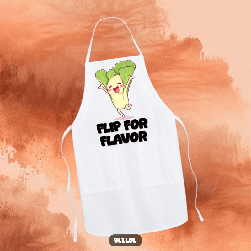 Funny lettuce leaf character doing a gymnastics flip, designed on a kitchen apron for humorous cooking.