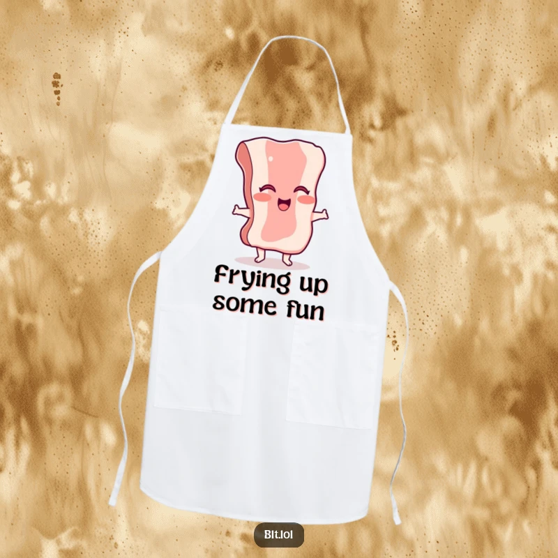 Funny giggling bacon apron with a dancing character, adding a playful and humorous touch to kitchen activities.