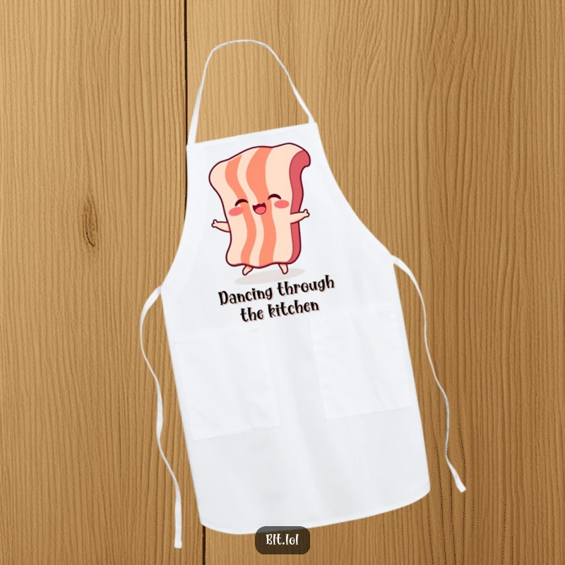 Funny Bacon Dance Apron: A giggling piece of bacon character is dancing, adding a humorous and energetic touch to kitchen activities.