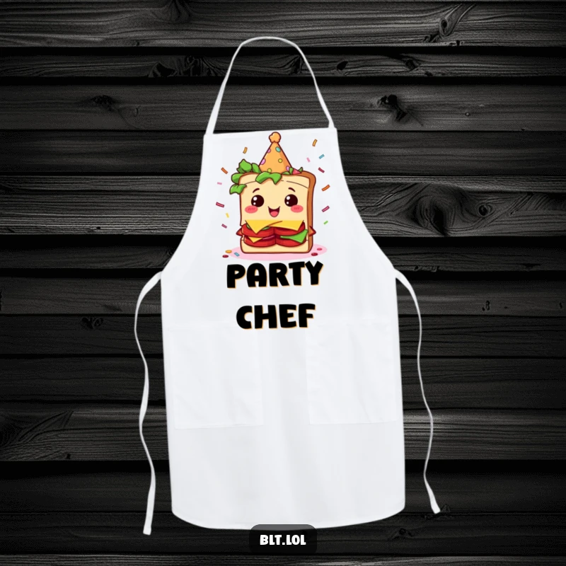 Funny BLT sandwich character wearing a party hat and showered in confetti, ready for festive cooking.