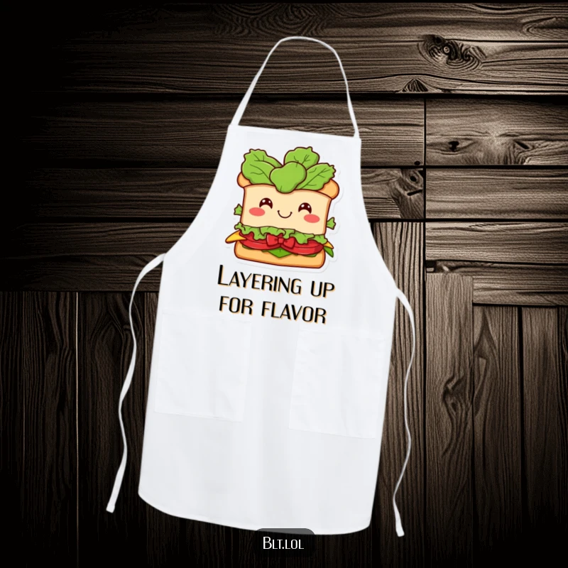 Funny BLT Sandwich Apron: A smiling BLT character with a lettuce head in a bow, adding humorous flair to kitchen activities.