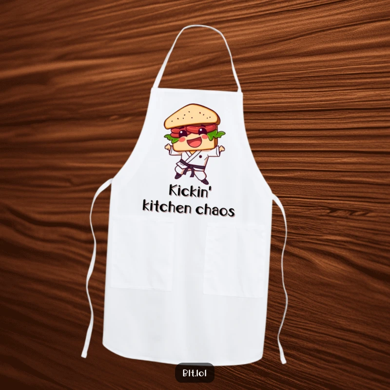 Funny BLT sandwich character wearing a chef hat and performing a karate kick, perfect for a humorous cooking apron.