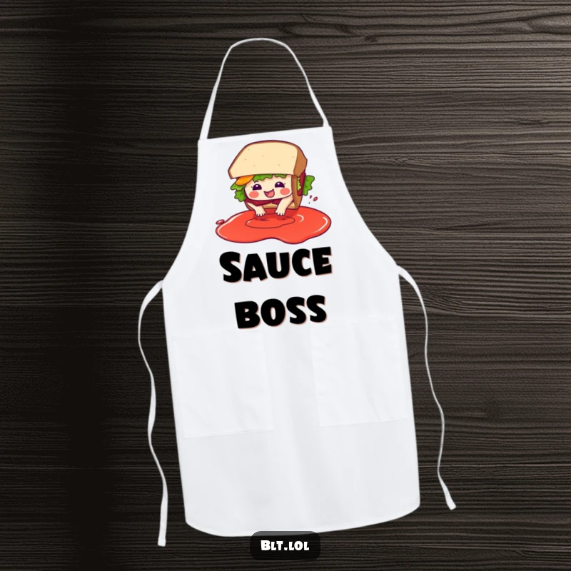 Funny BLT sandwich character, apron-clad, performing a joyful dive into an imagined pool of sauce while cooking.