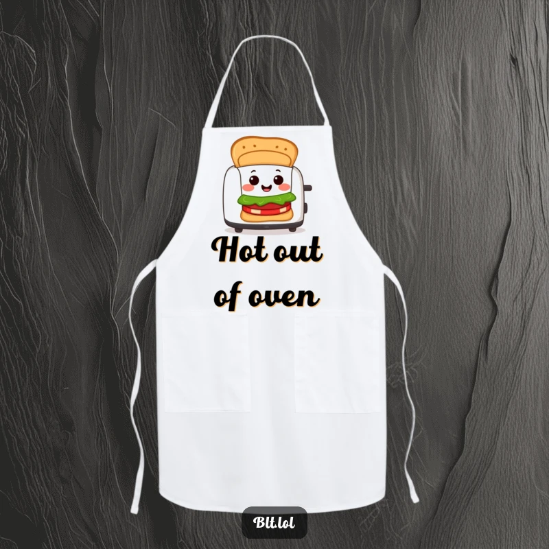 Funny Apron displaying a cheerful BLT sandwich character popping out of a toaster, ready for kitchen adventures with a smile.