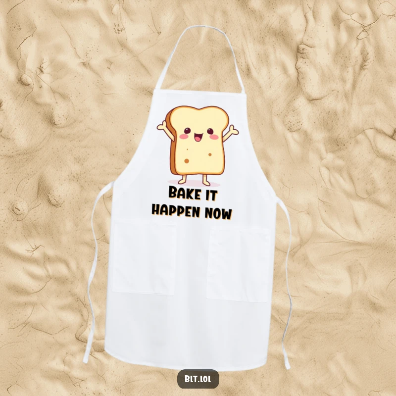 Funny apron showcasing a joyful anthropomorphic bread slice with arms raised, ideal for kitchen fun.