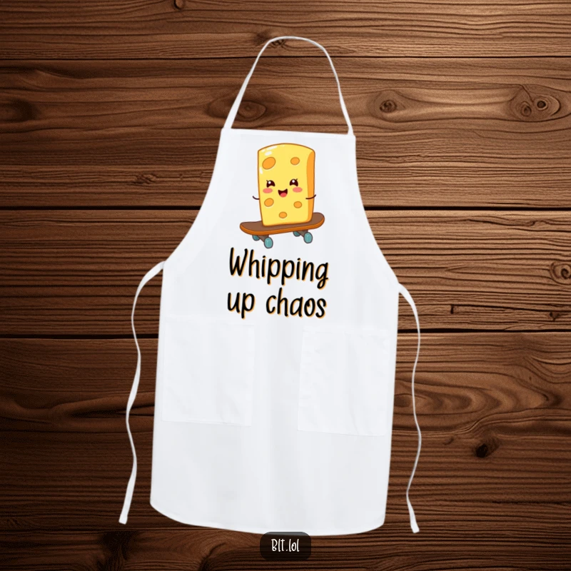 Funny giggling cheese slice on a skateboard on an apron, perfect for rad cooking and a humorous gift.
