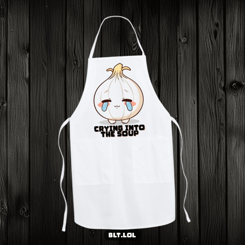 Funny shy anthropomorphic onion blushing and shedding cartoon tears, a humble and humorous apron.