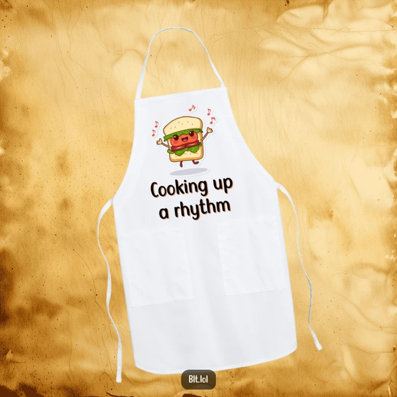Funny Dancing BLT Sandwich Apron, a happy sandwich character dancing with musical notes, kitchen apparel, fun cooking accessory, great gift.