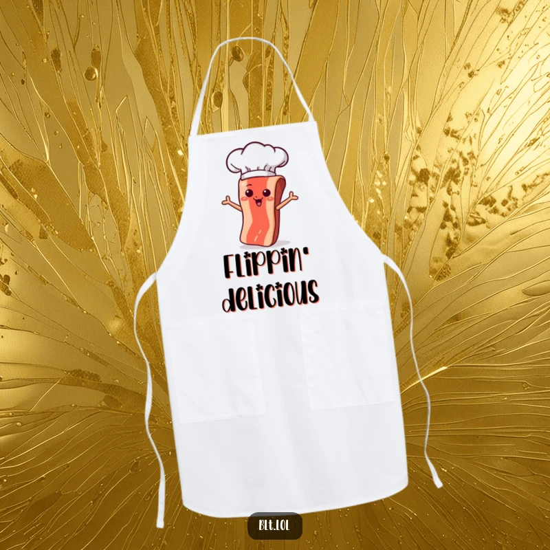 Funny bacon strip character with a chef hat, performing a flip, on a kitchen apron for humorous cooking.