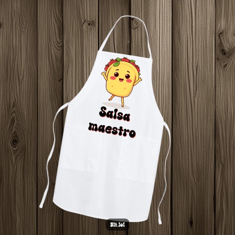 Funny Kawaii taco character with tiny legs salsa dancing on a kitchen apron, ideal for home cooks and food lovers.