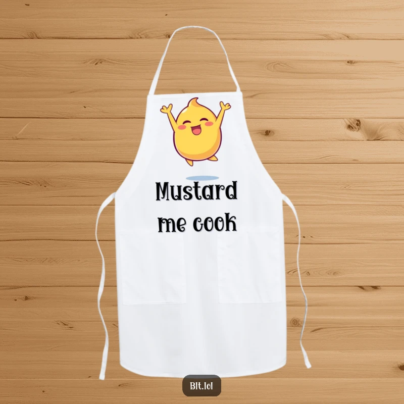 Funny energetic mustard blob leaping happily, featured on a stylish apron for a more joyful cooking experience.
