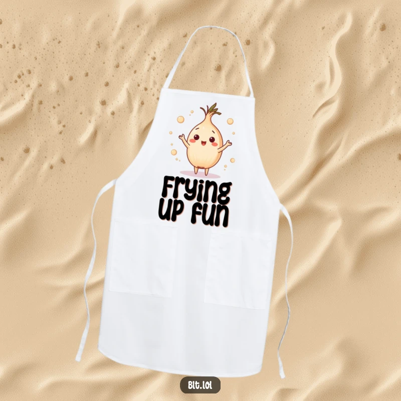 Funny playful onion ring juggling tiny circles on an apron, perfect for playful cooking and a humorous kitchen gift.