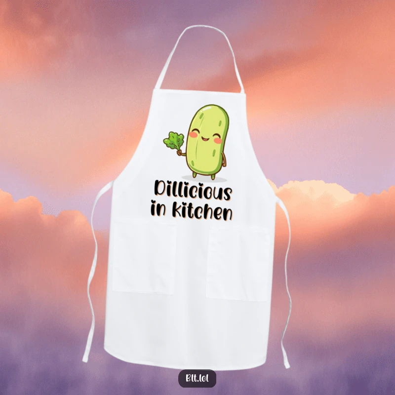 Funny apron showcasing a smiling anthropomorphic pickle winking and holding a tiny lettuce leaf, ideal for kitchen fun and protection.