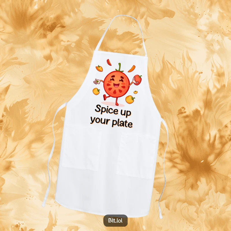 Funny juggling tomato apron with a joyful character, inspiring playful performance in the kitchen.