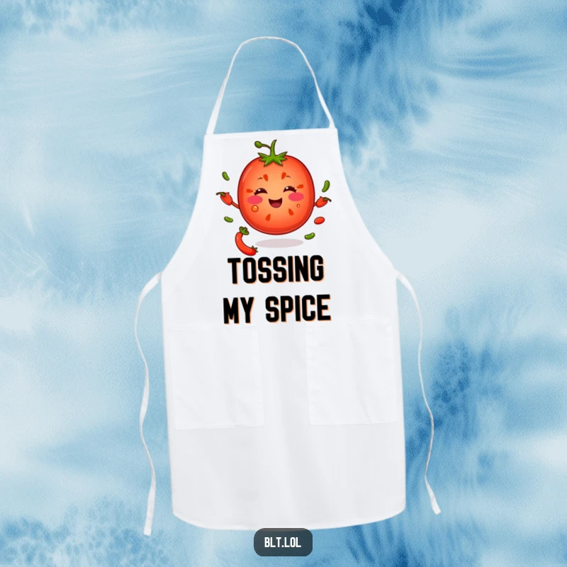 Funny tomato slice juggling pepper seeds, worn on a chef's apron, making cooking a funnier experience.