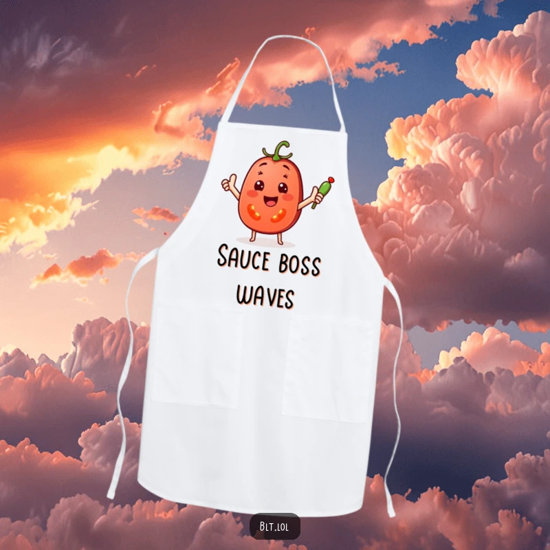 Funny Apron with a cheerful tomato slice waving a tiny pickle spear, adding a humorous and friendly touch to cooking.