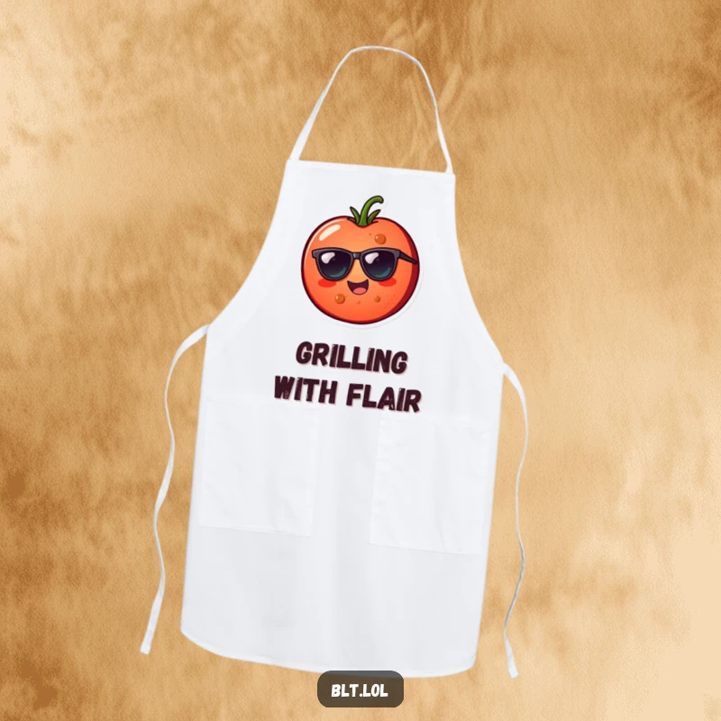 Funny tomato slice with sunglasses on an apron, perfect for cheerful cooking and a fun kitchen gift.