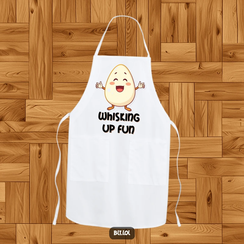 Funny excited anthropomorphic egg character waving, a cheerful and humorous apron for culinary fun.