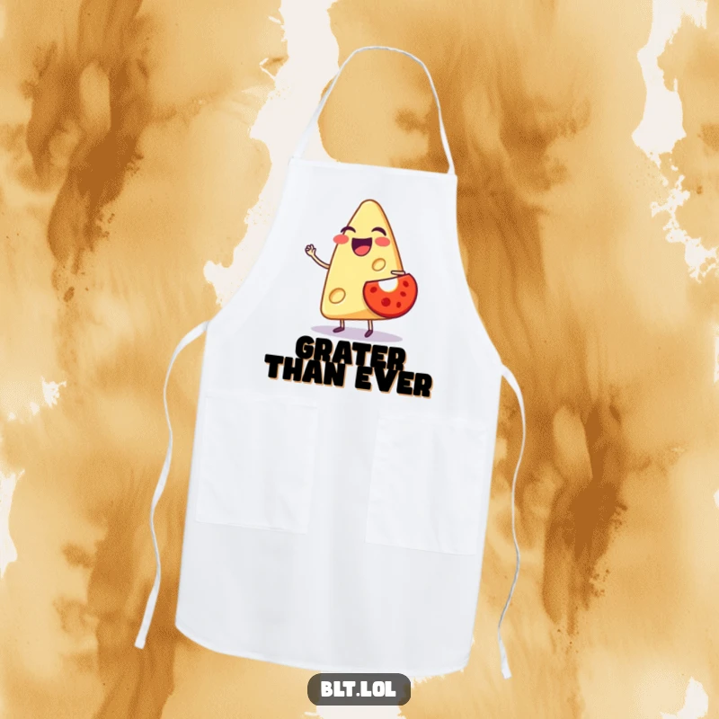 Funny apron showcasing a laughing anthropomorphic cheese slice balancing a small tomato, ideal for kitchen fun and protection.