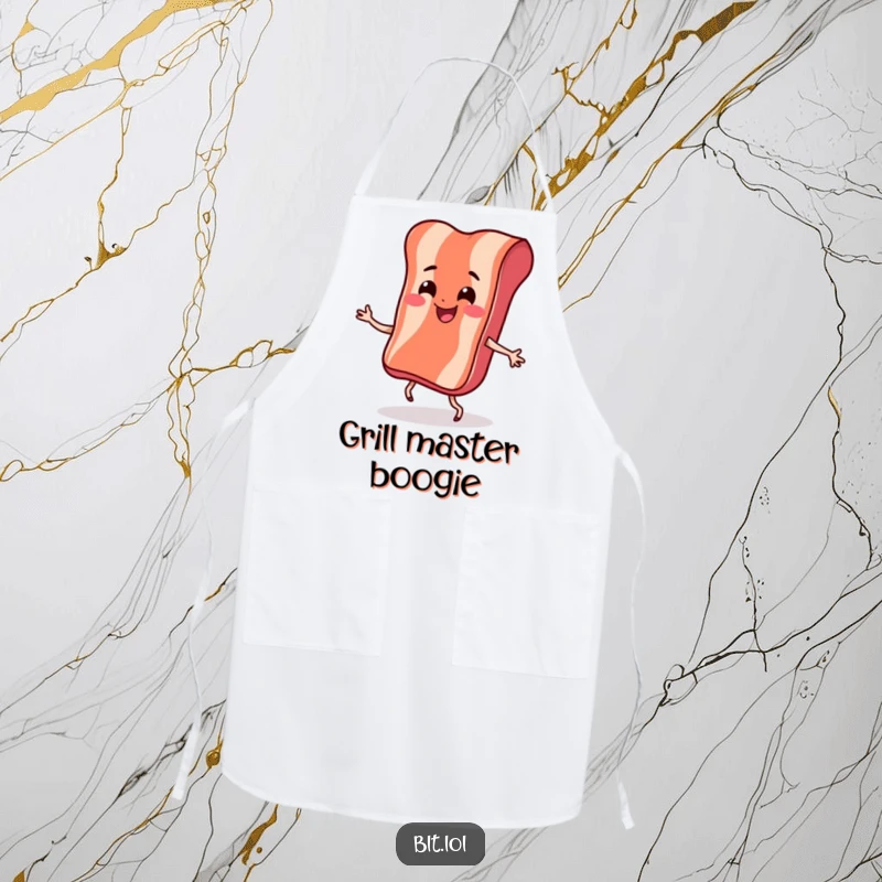 Funny Apron with a smiling bacon strip doing a bouncy dance, adding a humorous and energetic touch to cooking.