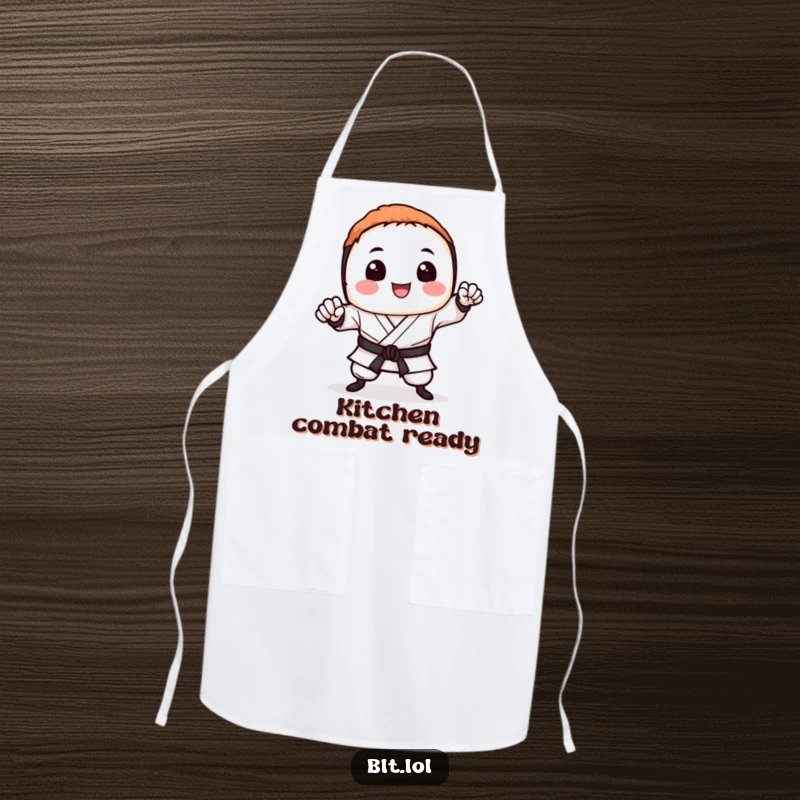 Funny sushi apron showing a smiling sushi roll mid-karate chop, ideal for protecting clothes during cooking with a laugh.