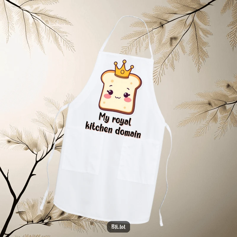 Funny Apron: A bread slice wearing a tiny crown, ready to cook like royalty. Great funny gift for chefs.
