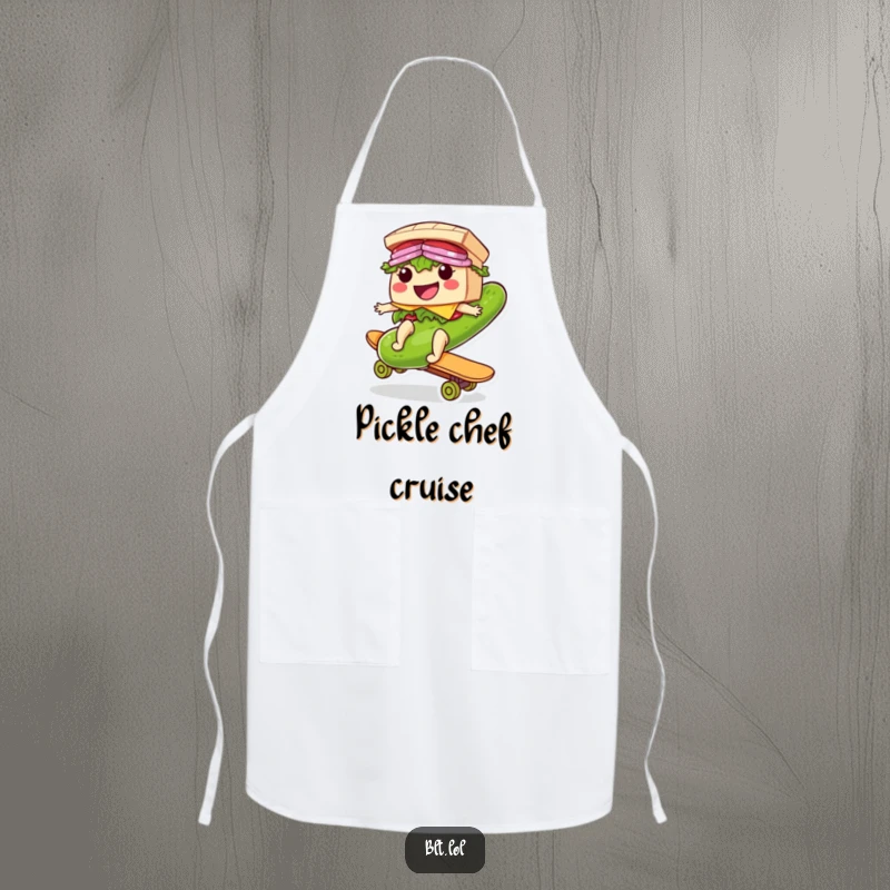 Funny Riding BLT Sandwich Apron: A chef's apron featuring a smiling BLT character riding a giant pickle like a skateboard.