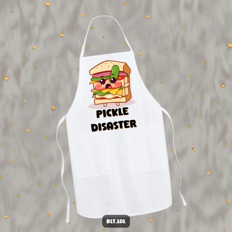 Funny apron showing a BLT sandwich reacting with surprise to a falling pickle, perfect for kitchen antics.