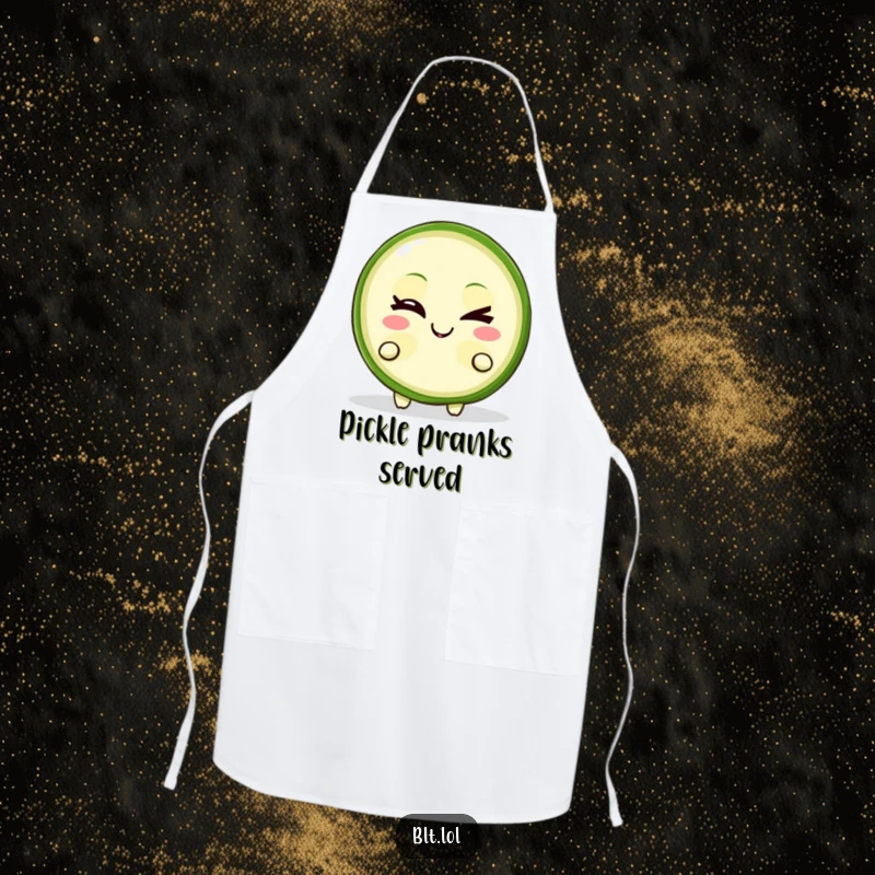 Funny Apron featuring a winking pickle slice character with a mischievous grin, a humorous kitchen accessory for cooks.