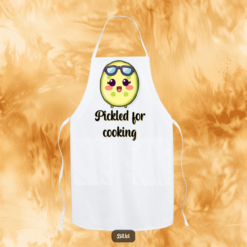 Funny pickle slice character with tiny goggles, looking shocked, on a kitchen apron for humorous cooking.