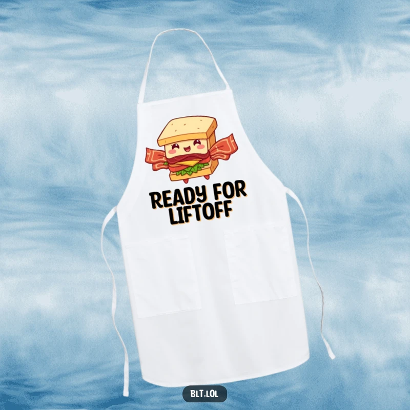 Funny BLT Sandwich Apron: A chef's apron adorned with a BLT character's funny attempt at flying using bacon strips as wings.