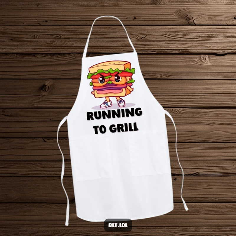 Funny Apron depicting a determined BLT sandwich character wearing running shoes, ready for kitchen adventures.