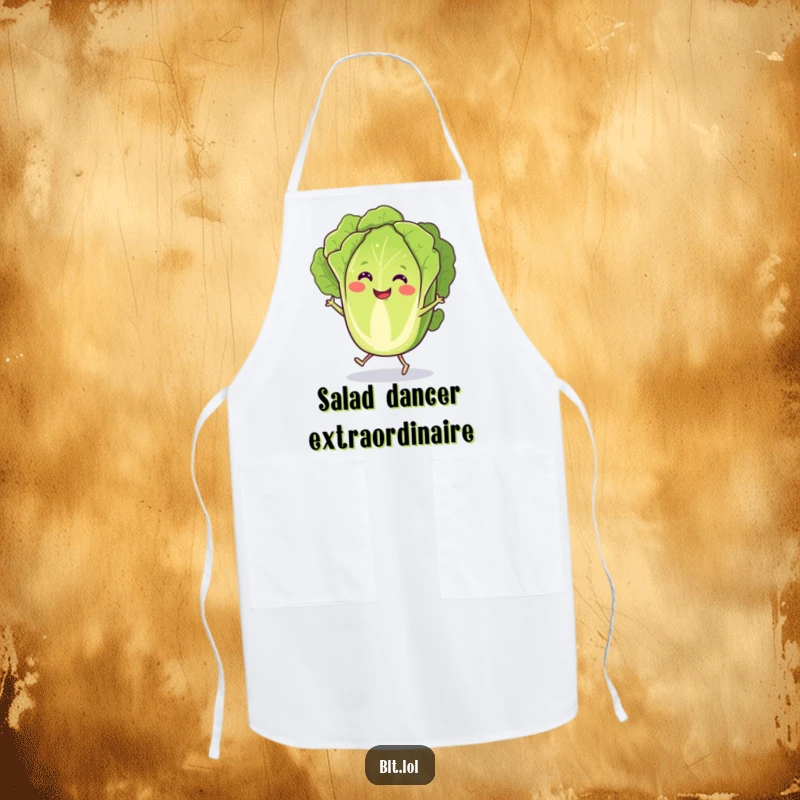 Funny Apron with a smiling lettuce slice performing a lively jig, adding a humorous touch to your kitchen adventures.