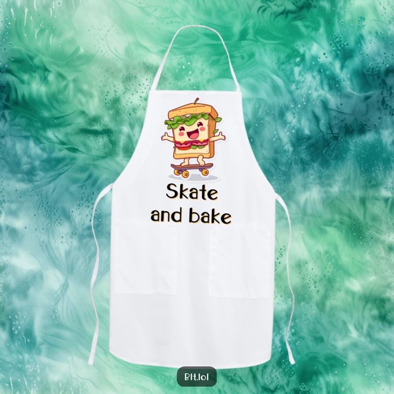 Funny apron showing a BLT sandwich gleefully skateboarding, ready to serve up laughs and delicious meals.