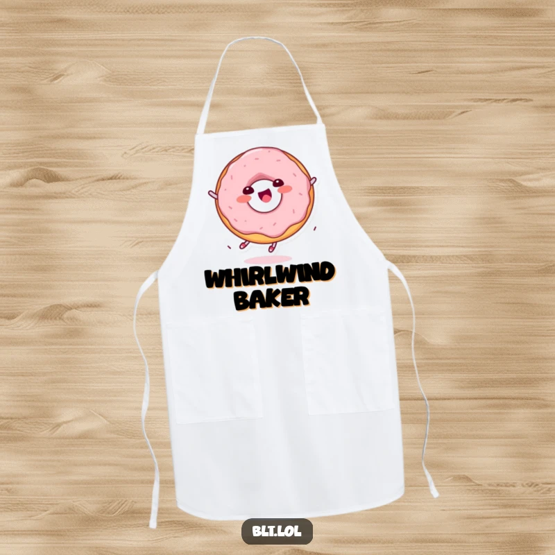 Funny delighted Kawaii donut character spinning on a kitchen apron, perfect for happy bakers.