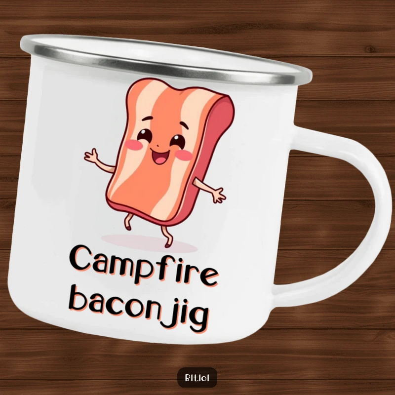 Funny Camping Mug featuring a smiling bacon strip doing a bouncy dance, perfect for outdoor enjoyment with a humorous touch.