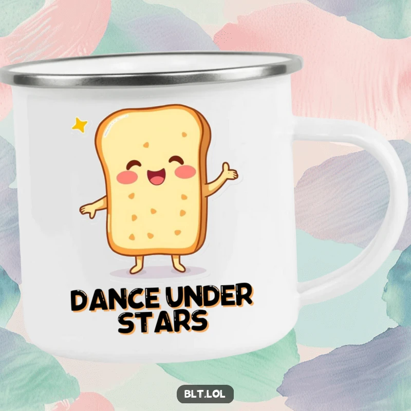 Funny cheesy bread character in a happy dance on a durable camping mug, ready for outdoor fun.