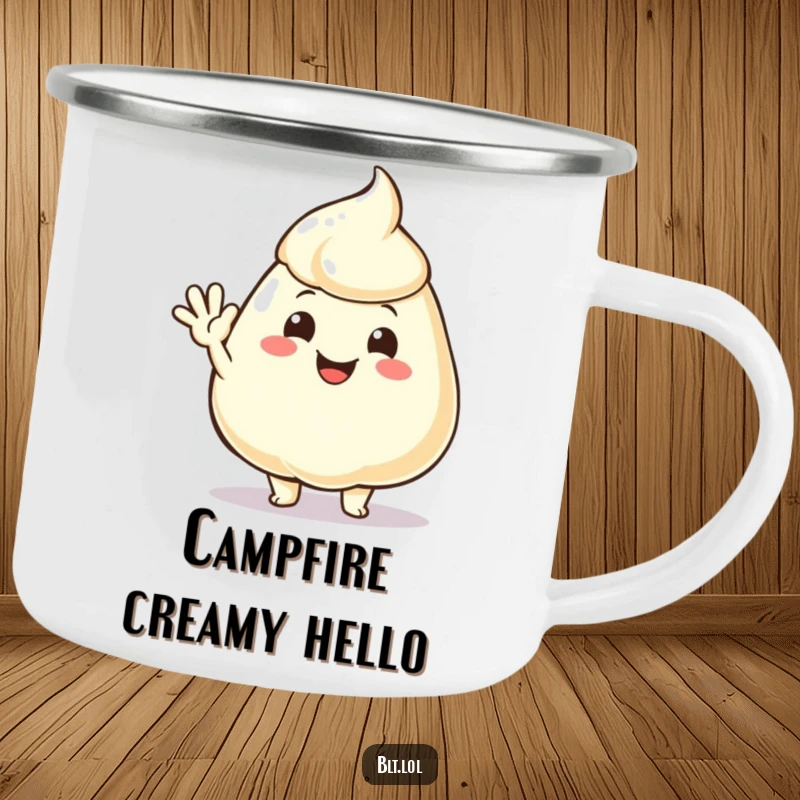 Funny mayonnaise dollop waving hello on a rugged camping mug, ready for outdoor chats and laughter.