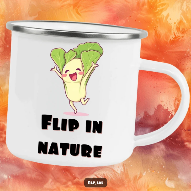 Funny lettuce leaf character in a gymnastics flip on a durable camping mug, ready for outdoor fun.