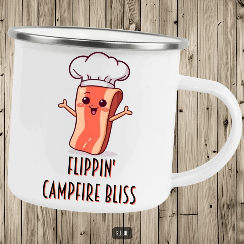 Funny bacon strip character with a chef hat, mid-flip, on a durable camping mug for outdoor fun.