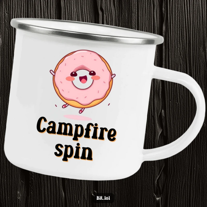 Funny delighted Kawaii donut character spinning on an enamel camping mug, for outdoor enthusiasts.