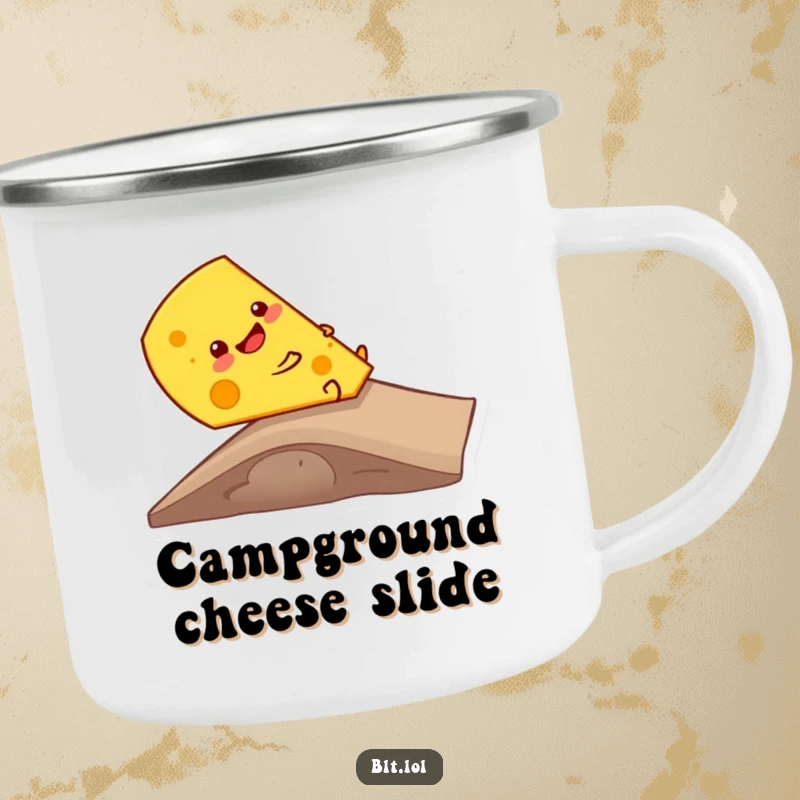 Funny giggling cheese slice sliding down a ramp, ready for campfire brews, this durable camping mug adds dairy fun.