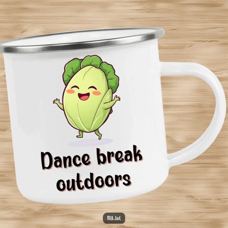 Funny lettuce leaf camping mug with a giggling leaf doing a silly dance, durable for outdoor fun and veggie cheer.