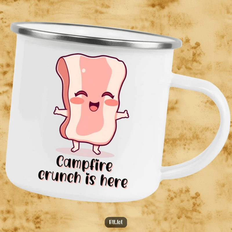 Funny giggling bacon camping mug with a dancing character, ready for your favorite beverages in the great outdoors.