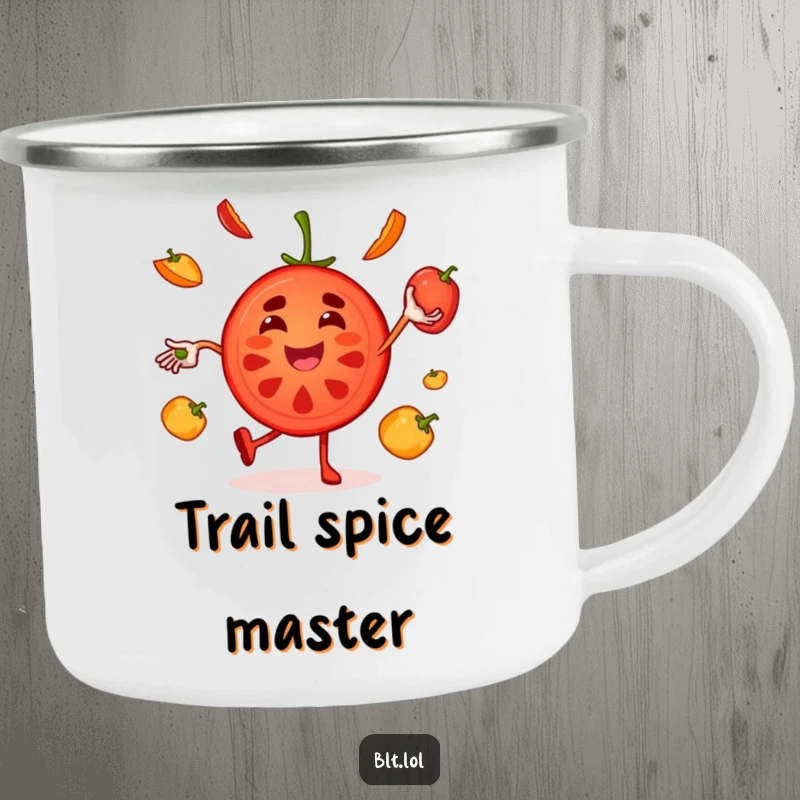 Funny juggling tomato camping mug with a joyful character, ready for your favorite drinks amidst nature’s beauty.