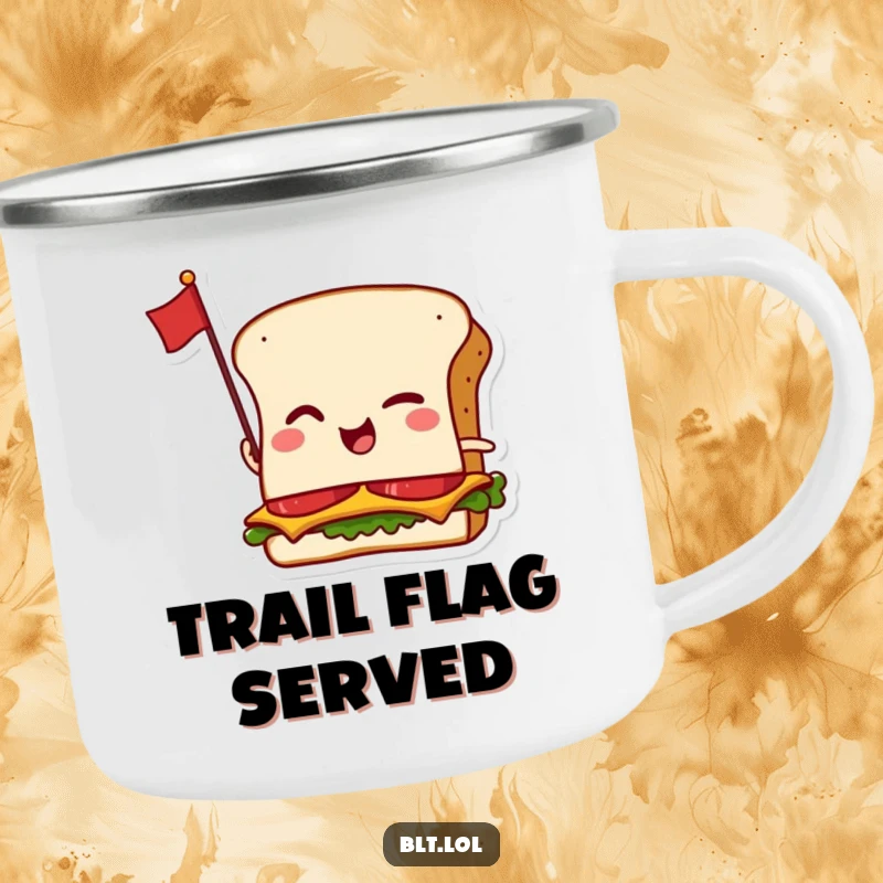 Funny camping mug with a winking anthropomorphic BLT sandwich and a tiny flag, ready for outdoor enjoyment.