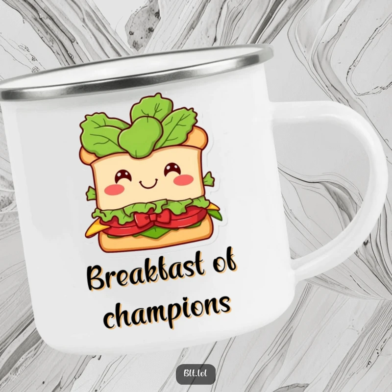Funny BLT Sandwich Camping Mug: A smiling BLT character with a lettuce bow, perfect for humorous outdoor beverage enjoyment.